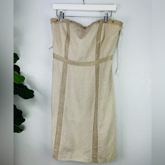 Harvey Bernard 100% Khaki Linen Two Piece Strapless Dress & Linen Fringe Jacket - Picture 8 of 12